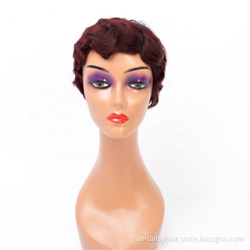 Short Pixie Cut 100 Percent Authentic Human Hair Red wine None Lace Human Hair Wigs